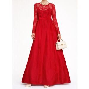 Kay Unger Red Lace Silk Ball Gown Long Sleeve Formal Maxi Dress Size 10 MOB